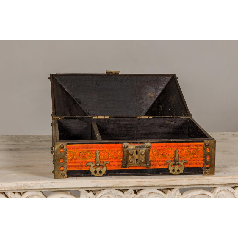 19th Century Malabar Jewelry Box Lacquered with Ornate Brass Accents from Kerala-YN5519-8. Asian & Chinese Furniture, Art, Antiques, Vintage Home Décor for sale at FEA Home