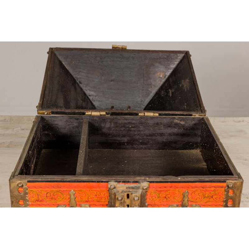 19th Century Malabar Jewelry Box Lacquered with Ornate Brass Accents from Kerala-YN5519-9. Asian & Chinese Furniture, Art, Antiques, Vintage Home Décor for sale at FEA Home