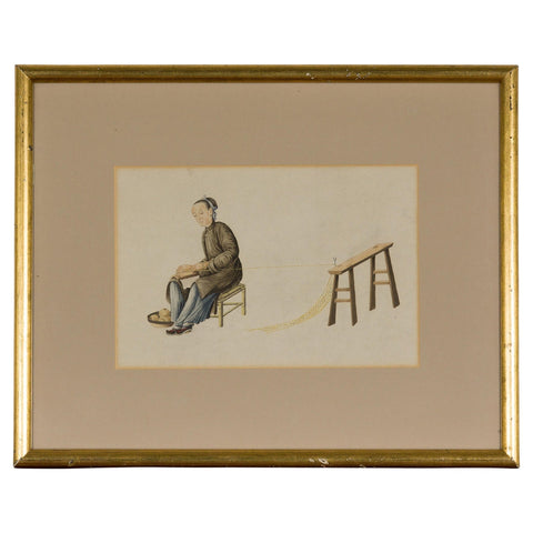 Chinese Antique Painting of a Silk Spinner