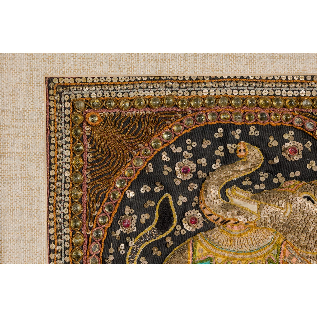 Framed 19th Century Elephant Kalaga Tapestry with Sequins FEA Home