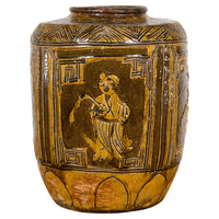 Two-Toned Brown Vase with Archaic Style Figures and Calligraphy Motifs