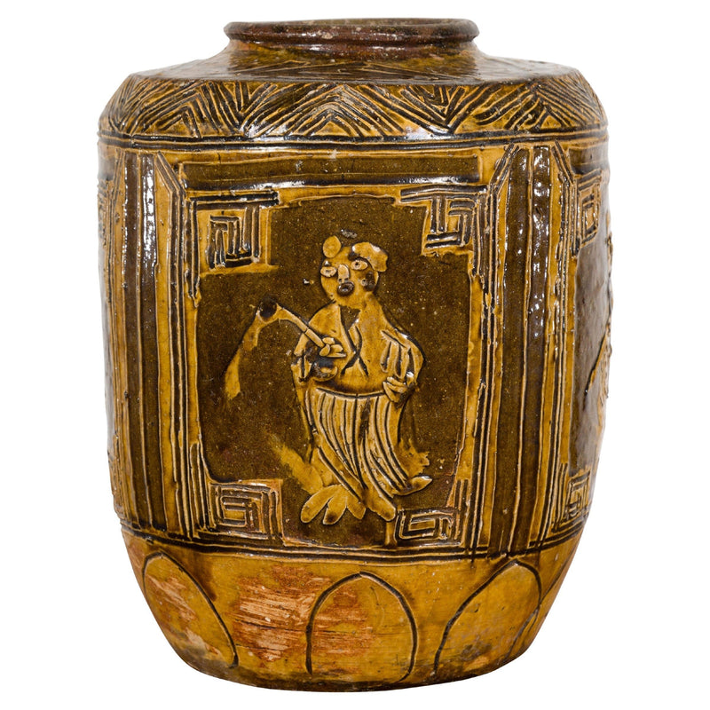 Two-Toned Brown Vase with Archaic Style Figures and Calligraphy Motifs-YN5719-1. Asian & Chinese Furniture, Art, Antiques, Vintage Home Décor for sale at FEA Home