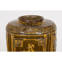 Two-Toned Brown Vase with Archaic Style Figures and Calligraphy Motifs