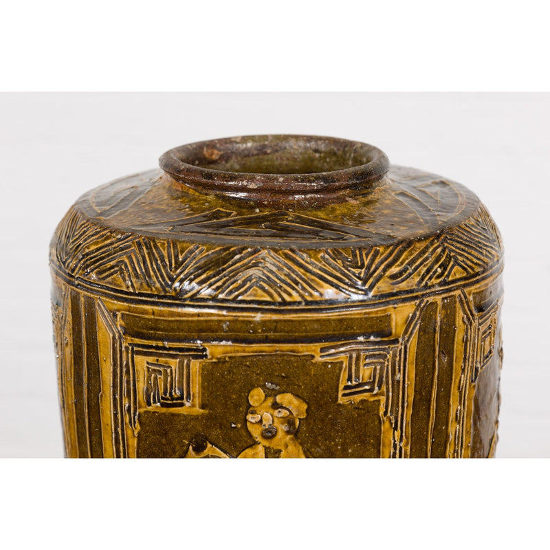 Two-Toned Brown Vase with Archaic Style Figures and Calligraphy Motifs-YN5719-5. Asian & Chinese Furniture, Art, Antiques, Vintage Home Décor for sale at FEA Home