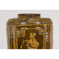 Two-Toned Brown Vase with Archaic Style Figures and Calligraphy Motifs