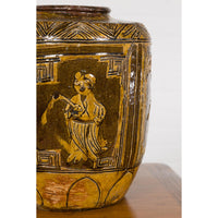 Two-Toned Brown Vase with Archaic Style Figures and Calligraphy Motifs