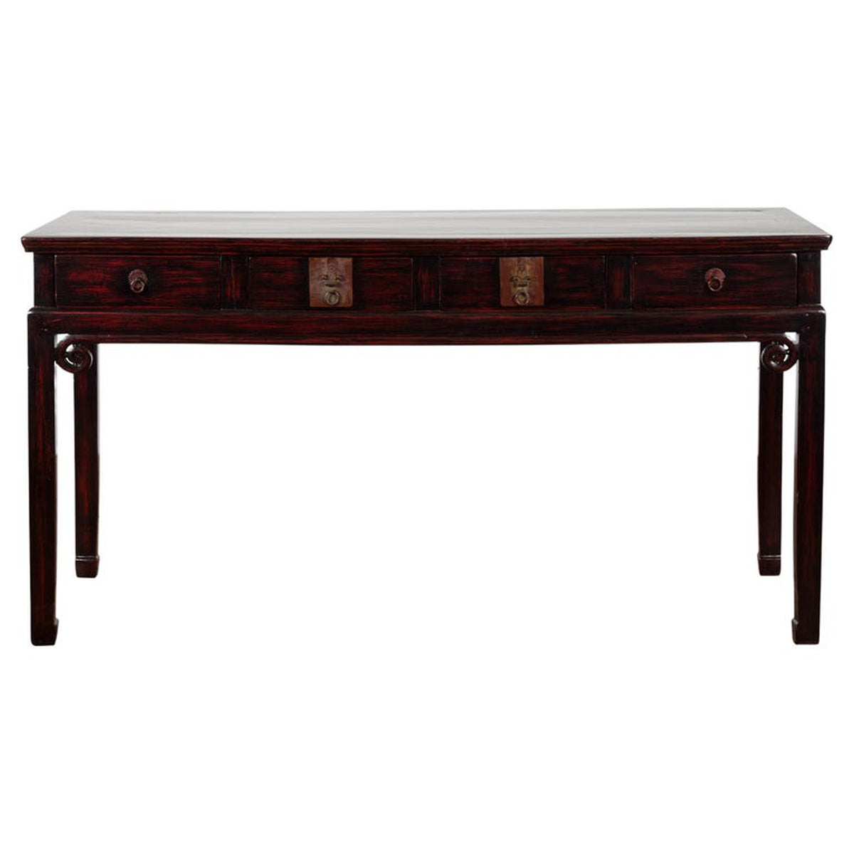 Chinese Antique Lacquered Wooden Desk with Four Drawers and Curling Scrolls-1. Asian & Chinese Furniture, Art, Antiques, Vintage Home Décor for sale at FEA Home