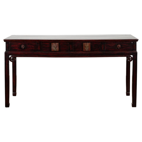 Chinese Antique Lacquered Wooden Desk with Four Drawers and Curling Scrolls-YN6105-1-Shop-Vintage-and-Antique-Furniture-NY-FEA Home