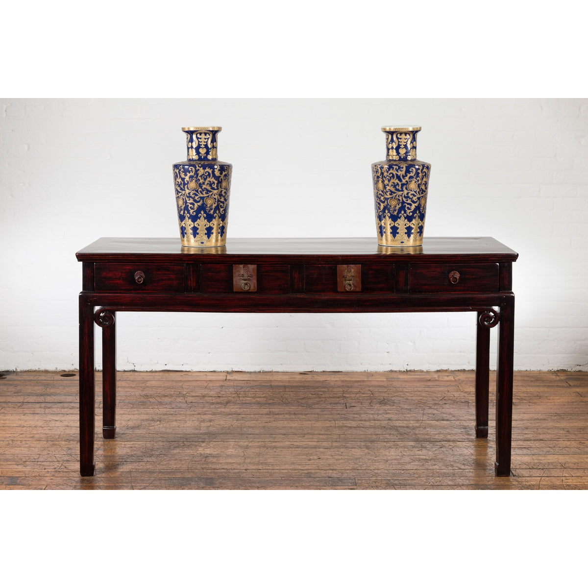 Chinese Antique Lacquered Wooden Desk with Four Drawers and Curling Scrolls-2. Asian & Chinese Furniture, Art, Antiques, Vintage Home Décor for sale at FEA Home