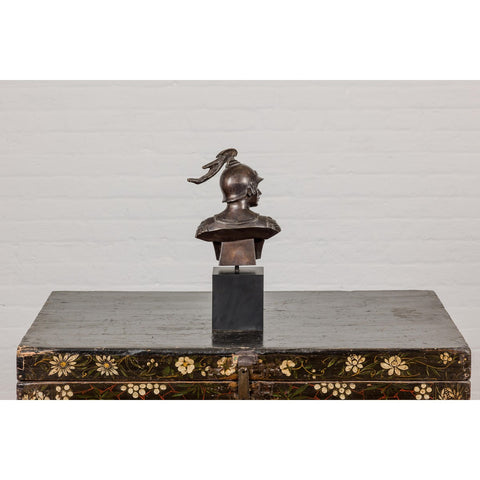 Bronze Greco Roman Style Bust of a Spartan Soldier on Black Wooden Base