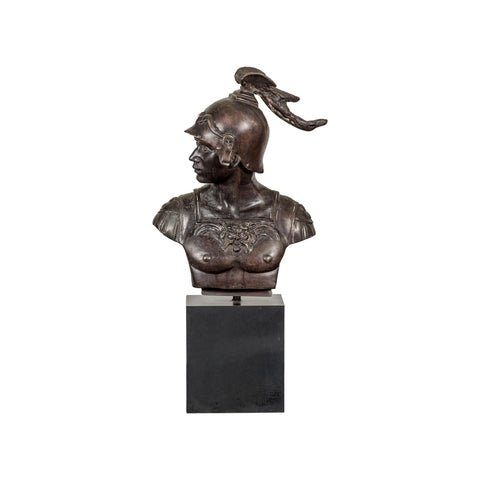 Bronze Greco Roman Style Bust of a Spartan Soldier on Black Wooden Base