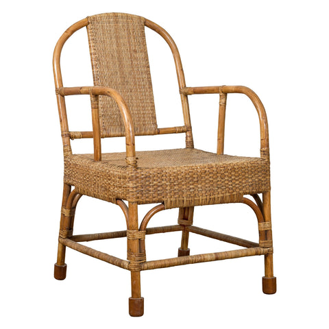 Vintage Burmese Country Style Hand-Woven Rattan Armchair with Rounded Back-YN7558-1. Asian & Chinese Furniture, Art, Antiques, Vintage Home Décor for sale at FEA Home