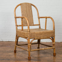 Vintage Burmese Country Style Hand-Woven Rattan Armchair with Rounded Back