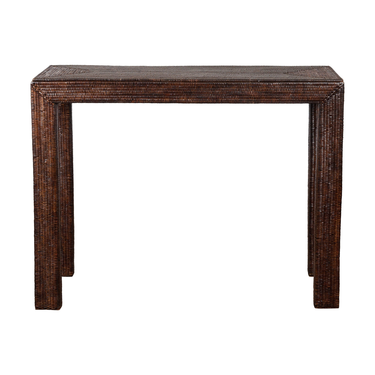 Country Style Burmese Midcentury Dark Brown Woven Rattan Console Table-1. Asian & Chinese Furniture, Art, Antiques, Vintage Home Décor for sale at FEA Home