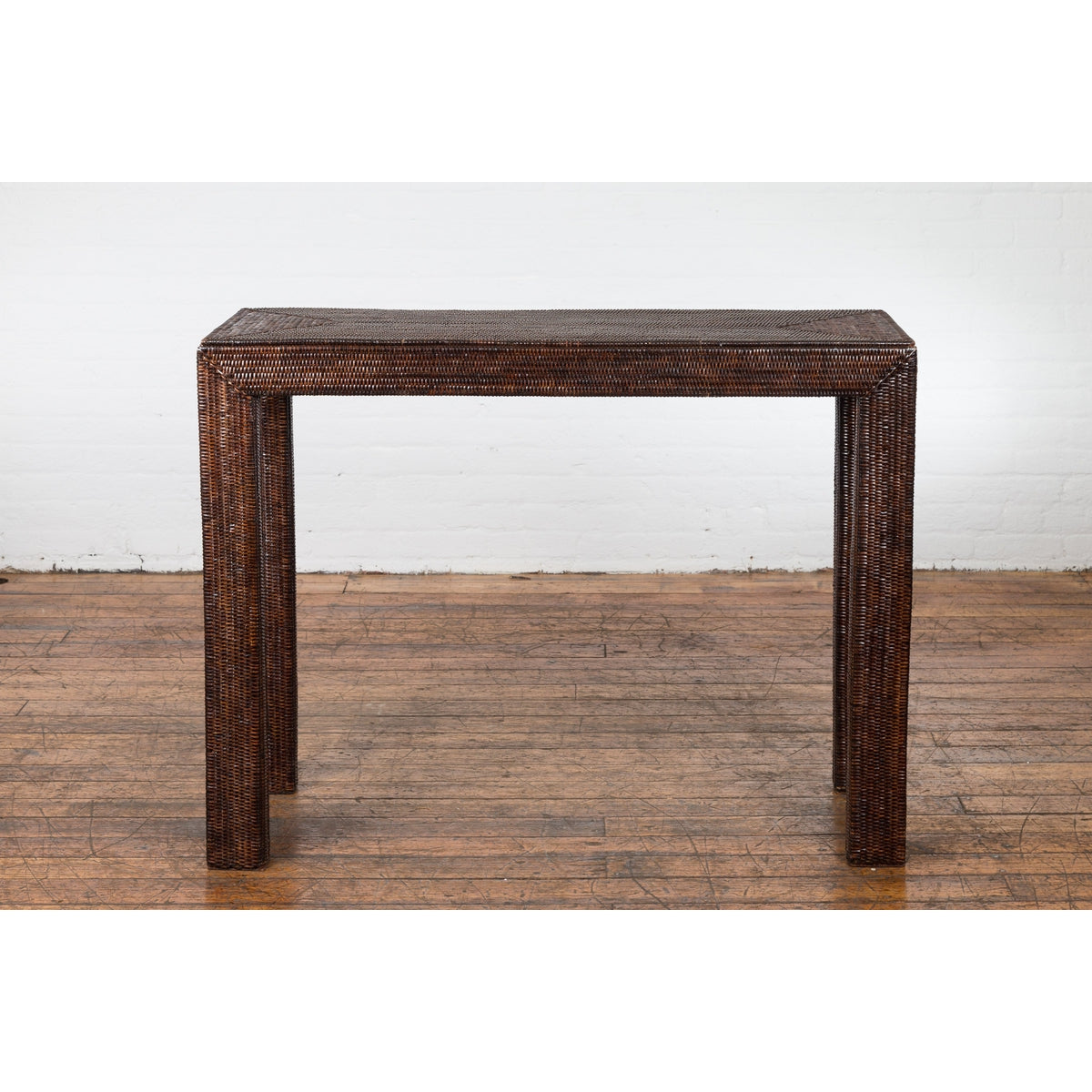 Country Style Burmese Midcentury Dark Brown Woven Rattan Console Table-2. Asian & Chinese Furniture, Art, Antiques, Vintage Home Décor for sale at FEA Home