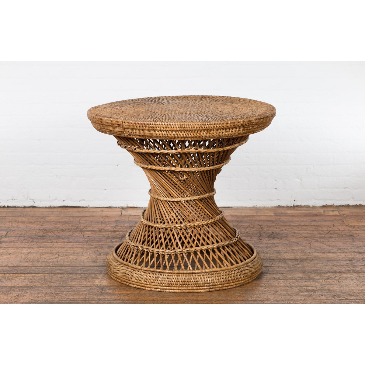Country Style Vintage Thai Woven Rattan Drum Table with Circular Top-2. Asian & Chinese Furniture, Art, Antiques, Vintage Home Décor for sale at FEA Home