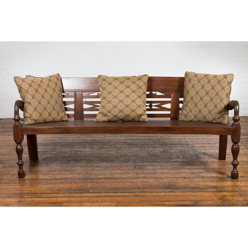 Antique Teak Wood Javanese Settee with Hand-Carved Back and Scrolling Arms-YN7599-10. Asian & Chinese Furniture, Art, Antiques, Vintage Home Décor for sale at FEA Home
