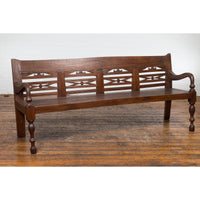 Antique Teak Wood Javanese Settee with Hand-Carved Back and Scrolling Arms