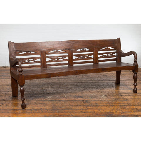 Antique Teak Wood Javanese Settee with Hand-Carved Back and Scrolling Arms-YN7599-11. Asian & Chinese Furniture, Art, Antiques, Vintage Home Décor for sale at FEA Home