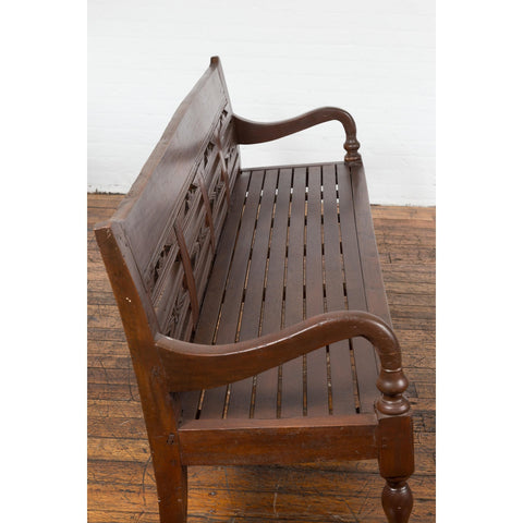 Antique Teak Wood Javanese Settee with Hand-Carved Back and Scrolling Arms-YN7599-13. Asian & Chinese Furniture, Art, Antiques, Vintage Home Décor for sale at FEA Home