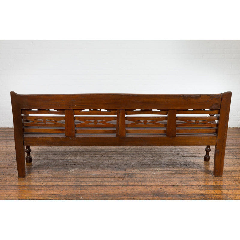Antique Teak Wood Javanese Settee with Hand-Carved Back and Scrolling Arms-YN7599-14. Asian & Chinese Furniture, Art, Antiques, Vintage Home Décor for sale at FEA Home