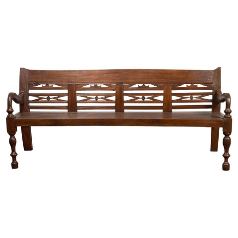 Antique Teak Wood Javanese Settee with Hand-Carved Back and Scrolling Arms-YN7599-1. Asian & Chinese Furniture, Art, Antiques, Vintage Home Décor for sale at FEA Home