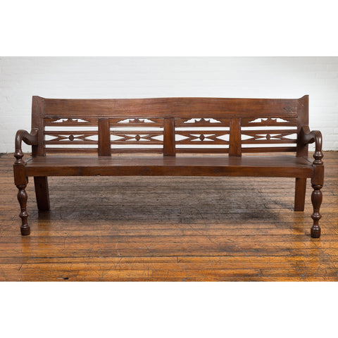 Antique Teak Wood Javanese Settee with Hand-Carved Back and Scrolling Arms-YN7599-2. Asian & Chinese Furniture, Art, Antiques, Vintage Home Décor for sale at FEA Home