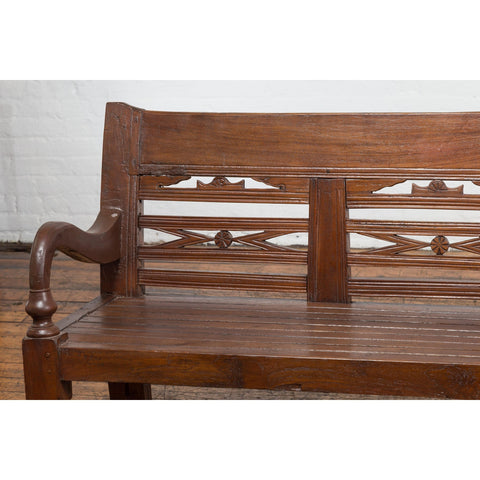 Antique Teak Wood Javanese Settee with Hand-Carved Back and Scrolling Arms-YN7599-3. Asian & Chinese Furniture, Art, Antiques, Vintage Home Décor for sale at FEA Home