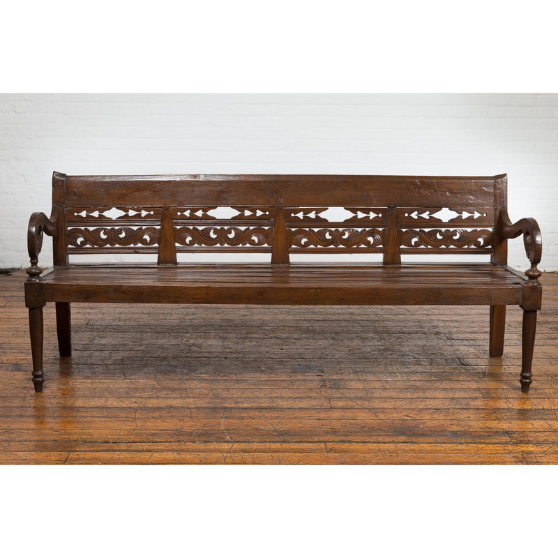 Hand Carved Teak Wood Settee with Scrolling Foliage and Turned Legs-YN7600-2. Asian & Chinese Furniture, Art, Antiques, Vintage Home Décor for sale at FEA Home