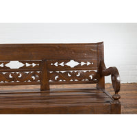 Hand Carved Teak Wood Settee with Scrolling Foliage and Turned Legs