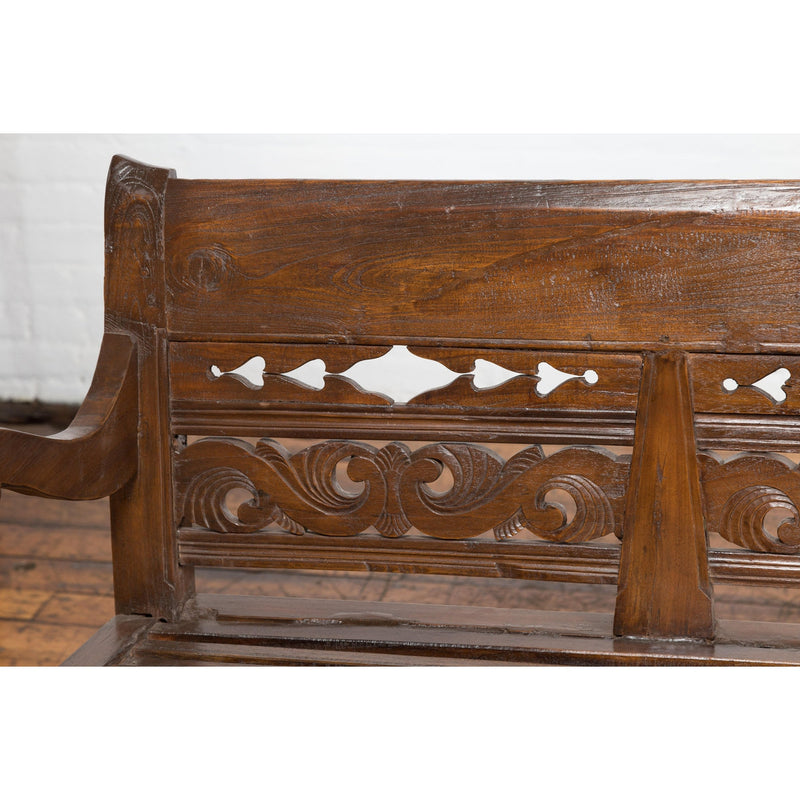 Hand Carved Teak Wood Settee with Scrolling Foliage and Turned Legs-YN7600-7. Asian & Chinese Furniture, Art, Antiques, Vintage Home Décor for sale at FEA Home