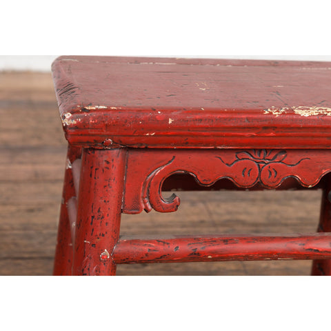 Chinese Qing Dynasty 19th Century Red Lacquered Stool with Carved Apron-YN7606-10. Asian & Chinese Furniture, Art, Antiques, Vintage Home Décor for sale at FEA Home