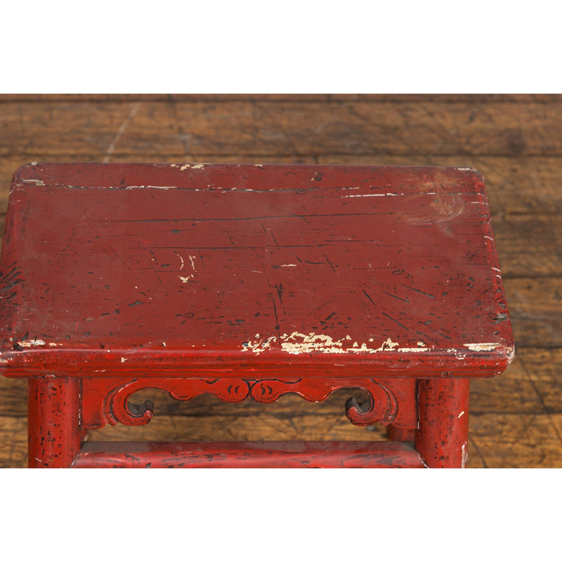 Chinese Qing Dynasty 19th Century Red Lacquered Stool with Carved Apron-YN7606-11. Asian & Chinese Furniture, Art, Antiques, Vintage Home Décor for sale at FEA Home
