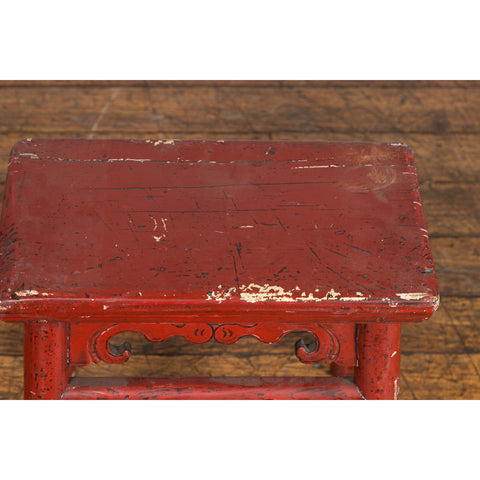 Chinese Qing Dynasty 19th Century Red Lacquered Stool with Carved Apron-YN7606-11. Asian & Chinese Furniture, Art, Antiques, Vintage Home Décor for sale at FEA Home