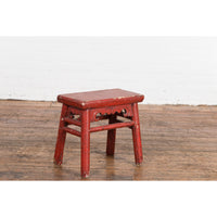 Chinese Qing Dynasty 19th Century Red Lacquered Stool with Carved Apron