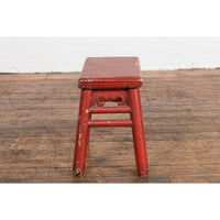 Chinese Qing Dynasty 19th Century Red Lacquered Stool with Carved Apron