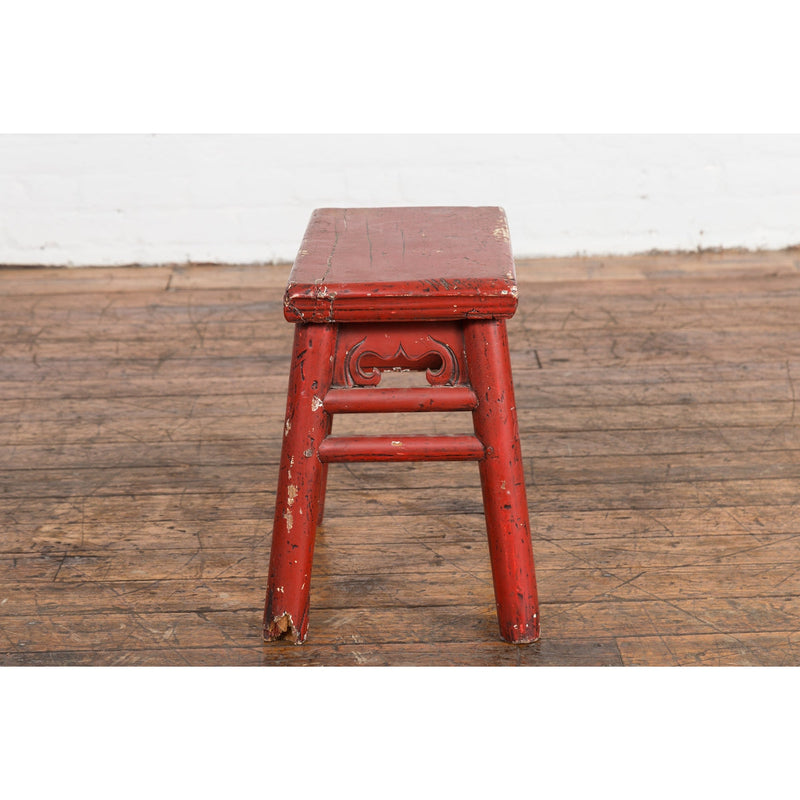 Chinese Qing Dynasty 19th Century Red Lacquered Stool with Carved Apron-YN7606-13. Asian & Chinese Furniture, Art, Antiques, Vintage Home Décor for sale at FEA Home