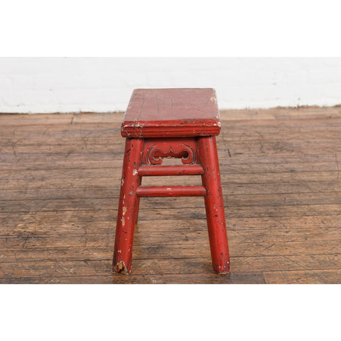 Chinese Qing Dynasty 19th Century Red Lacquered Stool with Carved Apron-YN7606-13. Asian & Chinese Furniture, Art, Antiques, Vintage Home Décor for sale at FEA Home