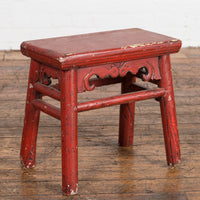 Chinese Qing Dynasty 19th Century Red Lacquered Stool with Carved Apron