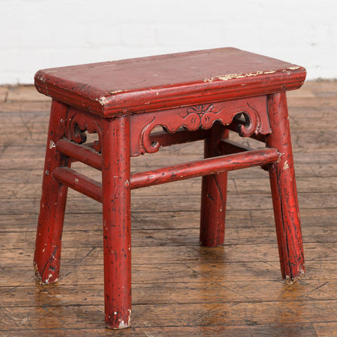 Chinese Qing Dynasty 19th Century Red Lacquered Stool with Carved Apron-YN7606-14. Asian & Chinese Furniture, Art, Antiques, Vintage Home Décor for sale at FEA Home