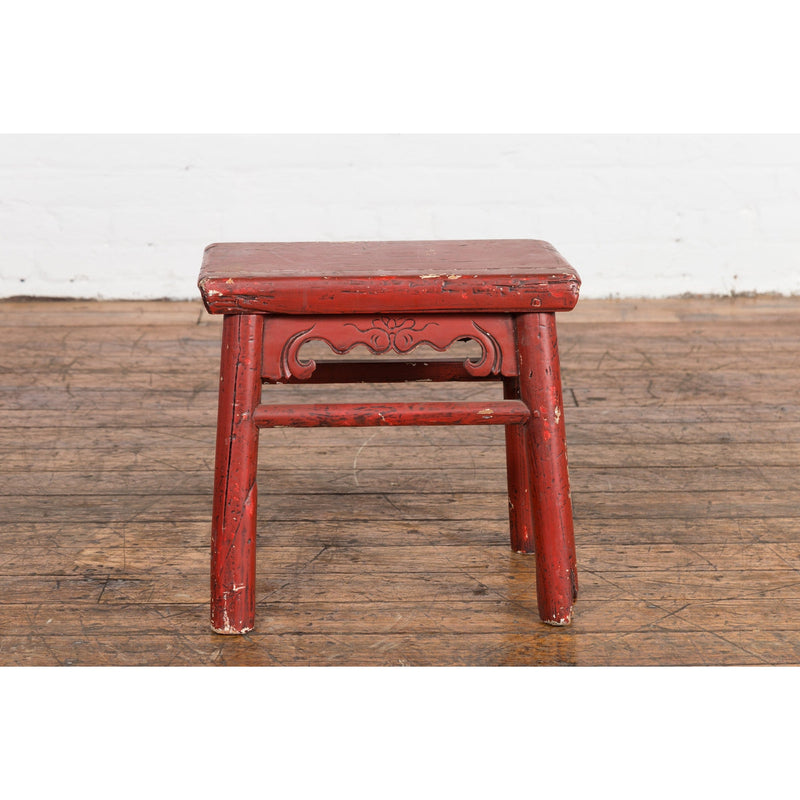 Chinese Qing Dynasty 19th Century Red Lacquered Stool with Carved Apron-YN7606-15. Asian & Chinese Furniture, Art, Antiques, Vintage Home Décor for sale at FEA Home