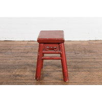 Chinese Qing Dynasty 19th Century Red Lacquered Stool with Carved Apron