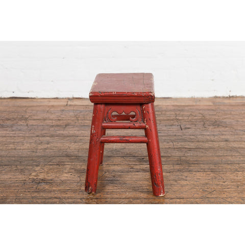 Chinese Qing Dynasty 19th Century Red Lacquered Stool with Carved Apron-YN7606-16. Asian & Chinese Furniture, Art, Antiques, Vintage Home Décor for sale at FEA Home