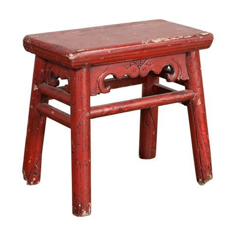 Chinese Qing Dynasty 19th Century Red Lacquered Stool with Carved Apron-YN7606-1. Asian & Chinese Furniture, Art, Antiques, Vintage Home Décor for sale at FEA Home