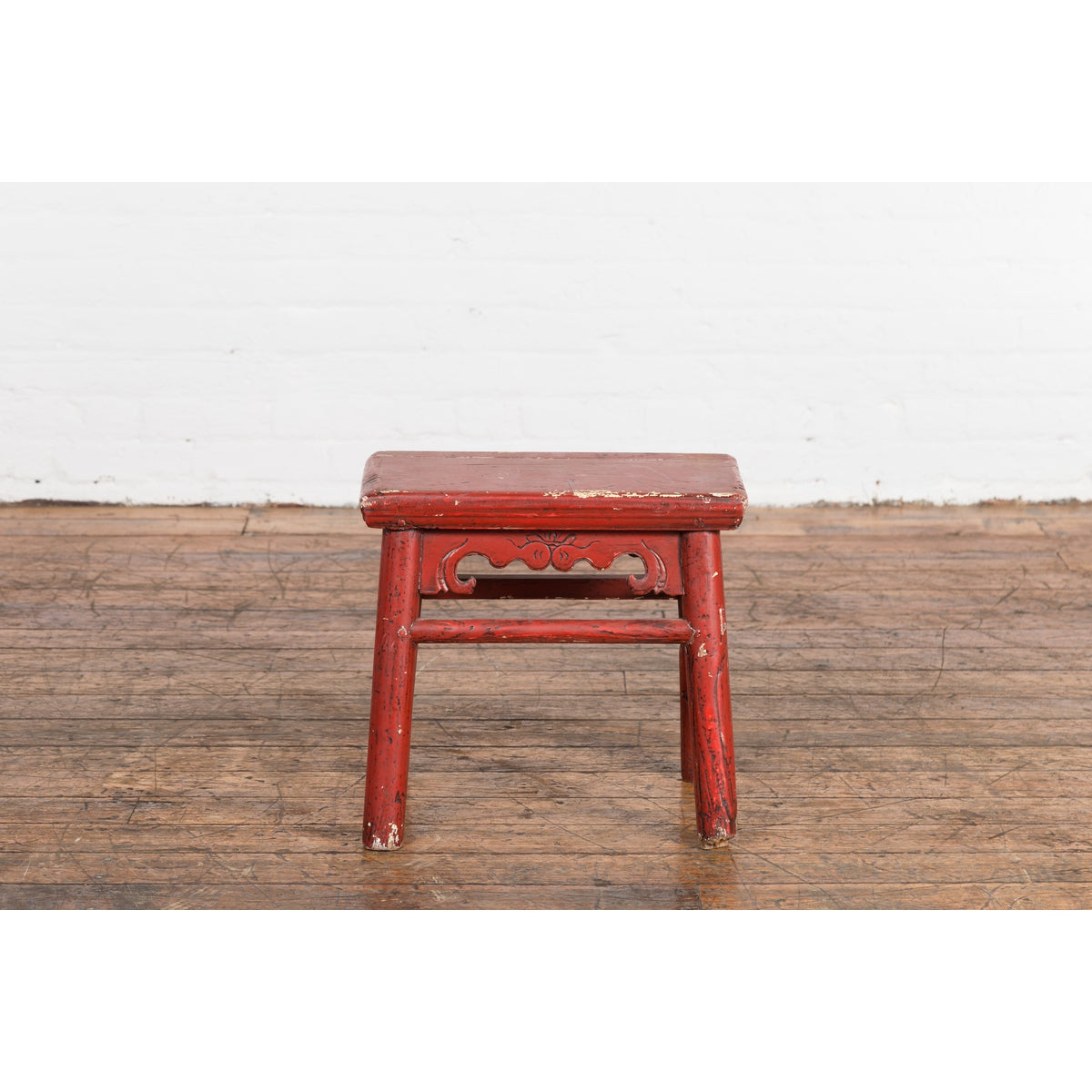 Chinese Qing Dynasty 19th Century Red Lacquered Stool with Carved Apron-2. Asian & Chinese Furniture, Art, Antiques, Vintage Home Décor for sale at FEA Home
