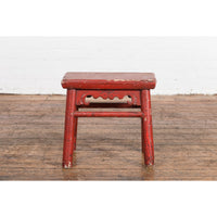 Chinese Qing Dynasty 19th Century Red Lacquered Stool with Carved Apron