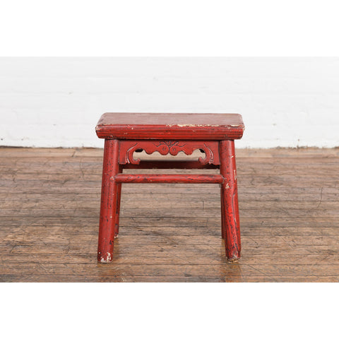 Chinese Qing Dynasty 19th Century Red Lacquered Stool with Carved Apron-YN7606-4. Asian & Chinese Furniture, Art, Antiques, Vintage Home Décor for sale at FEA Home