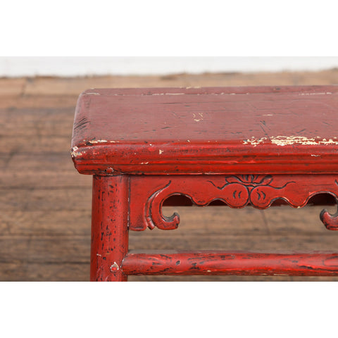 Chinese Qing Dynasty 19th Century Red Lacquered Stool with Carved Apron-YN7606-5. Asian & Chinese Furniture, Art, Antiques, Vintage Home Décor for sale at FEA Home