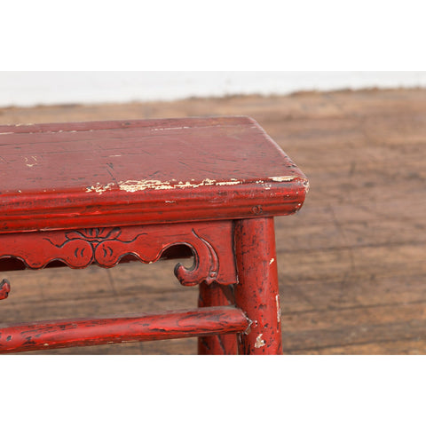 Chinese Qing Dynasty 19th Century Red Lacquered Stool with Carved Apron-YN7606-6. Asian & Chinese Furniture, Art, Antiques, Vintage Home Décor for sale at FEA Home