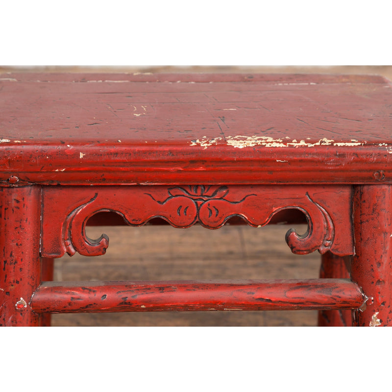 Chinese Qing Dynasty 19th Century Red Lacquered Stool with Carved Apron-YN7606-7. Asian & Chinese Furniture, Art, Antiques, Vintage Home Décor for sale at FEA Home